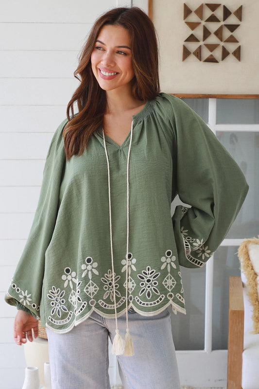 Sage Green Cotton Linen Embroidered Blouse