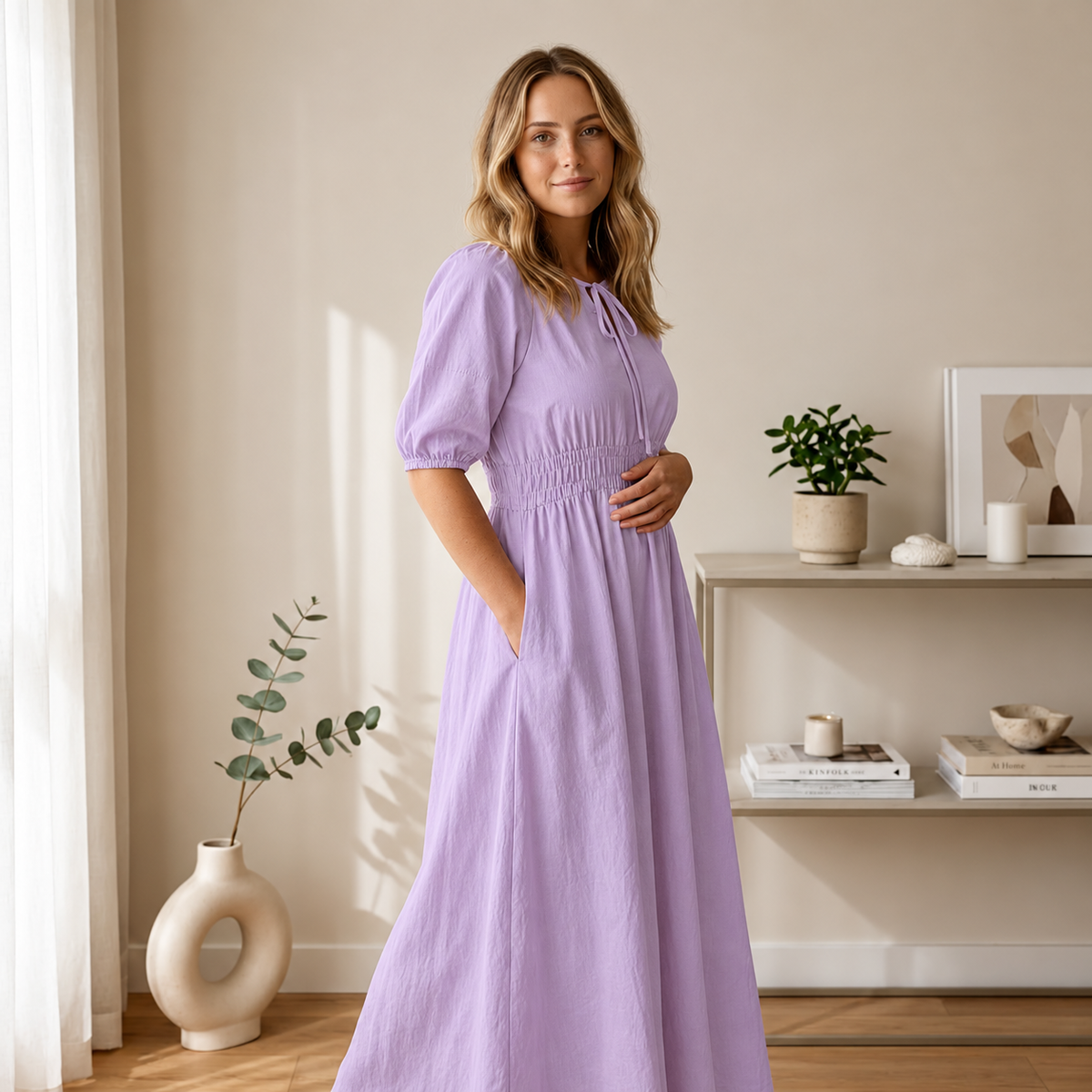 Isabella Ruched Waist Maxi Dress – Cream & Lilac