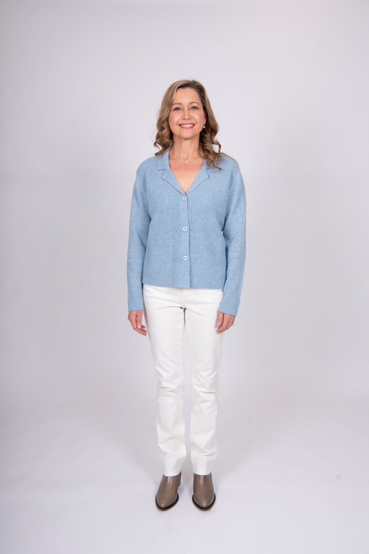 Collared Fisherman's Ribbed Cardi   Harebell Blue