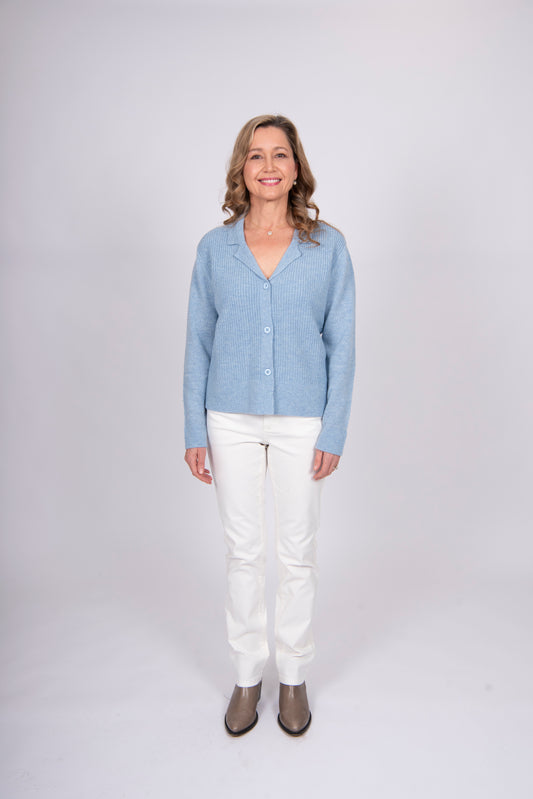Collared Fisherman's Ribbed Cardi   Harebell Blue
