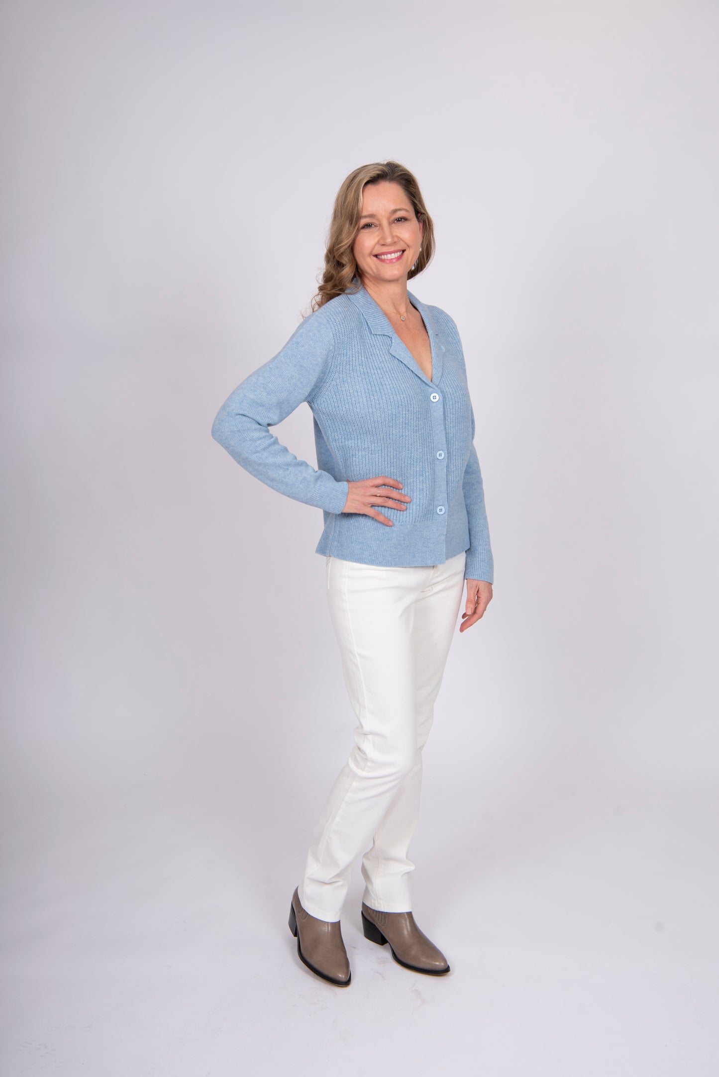 Collared Fisherman's Ribbed Cardi   Harebell Blue