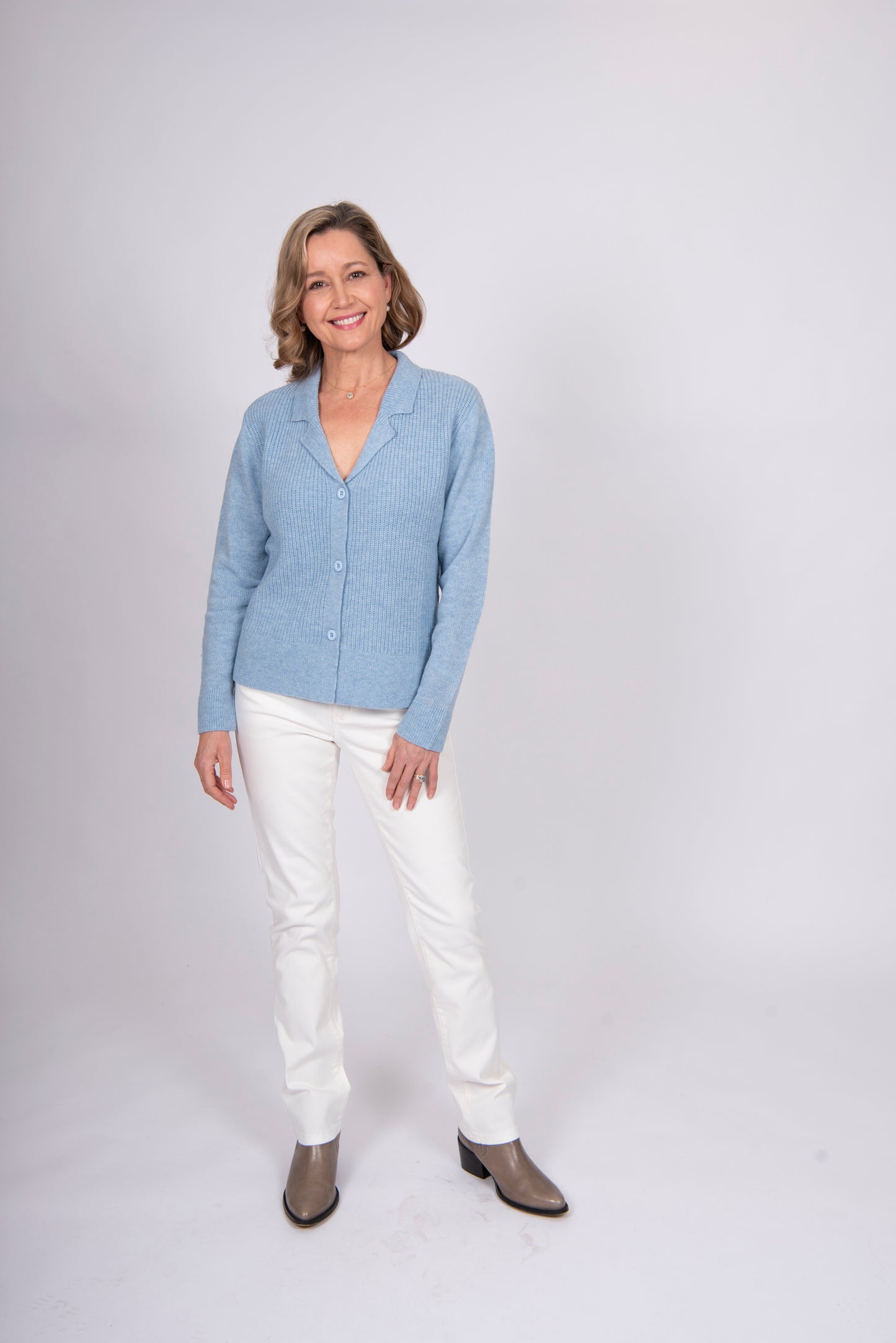 Collared Fisherman's Ribbed Cardi   Harebell Blue