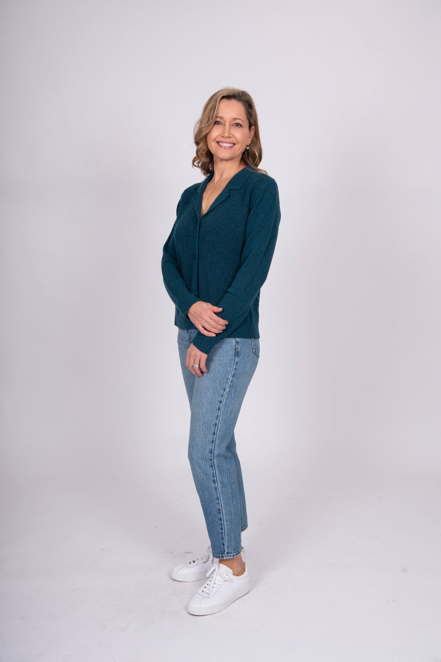 Collared Fisherman's Ribbed Cardi  TEAL