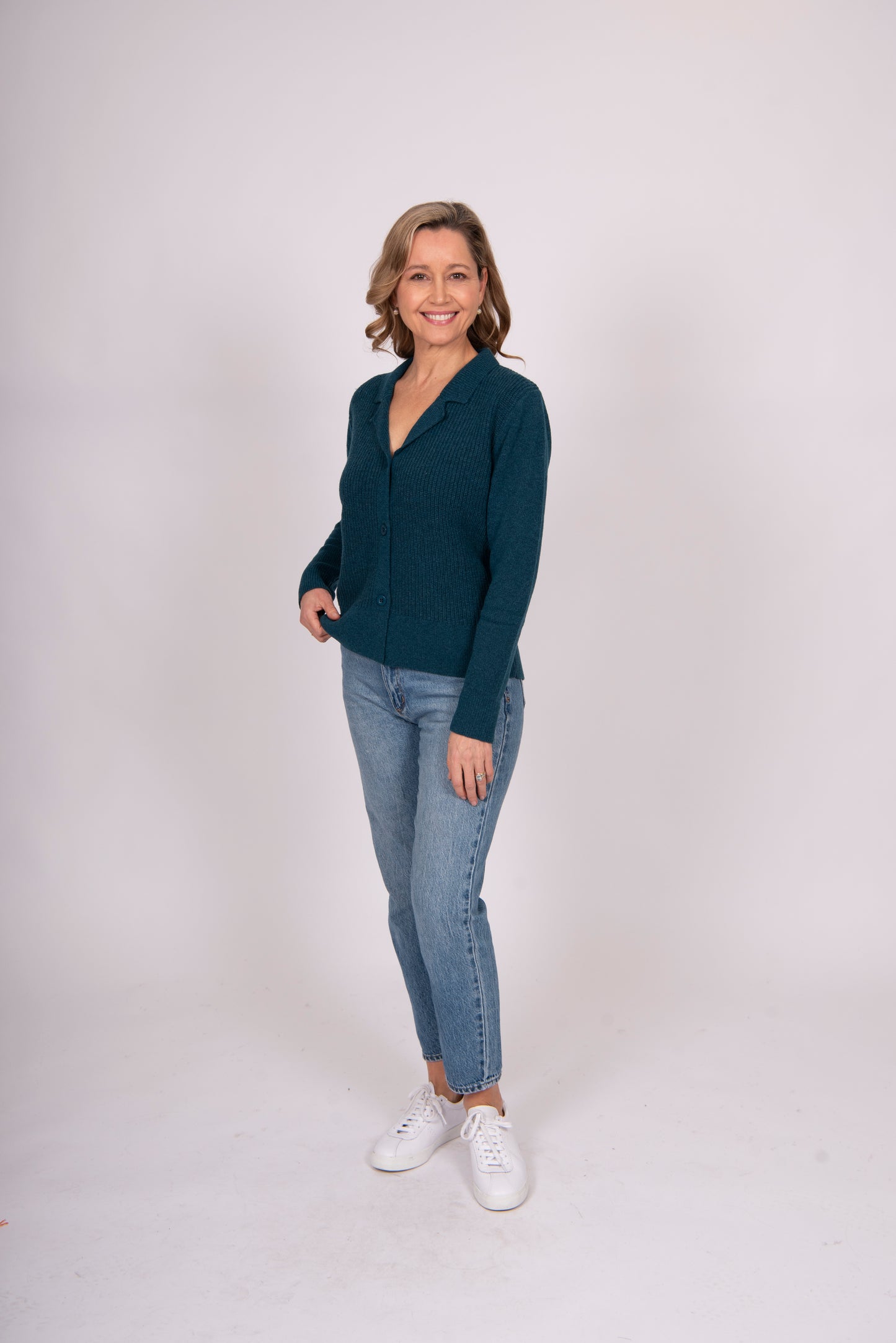 Collared Fisherman's Ribbed Cardi  TEAL