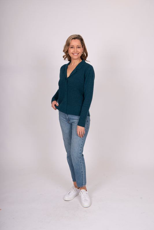 Collared Fisherman's Ribbed Cardi  TEAL