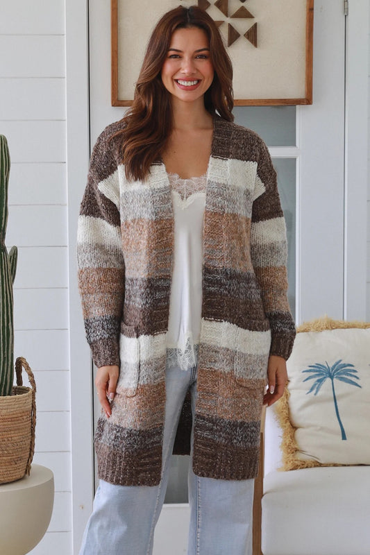 Neutral Stripe Longline Knit Cardigan – 65% Acrylic 35% Wool