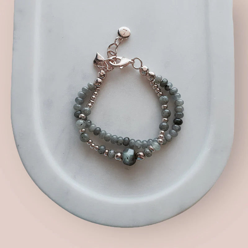 Grey Quartz 2 Strand with Rose Gold Heart Bracelet