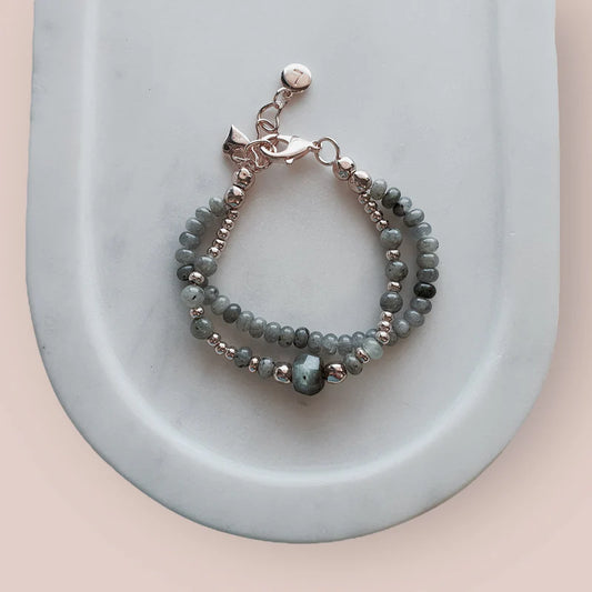 Grey Quartz 2 Strand with Rose Gold Heart Bracelet