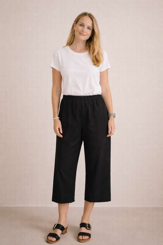 Marlow 100% Cotton Wide Leg 3/4 Pants – Black & Camel
