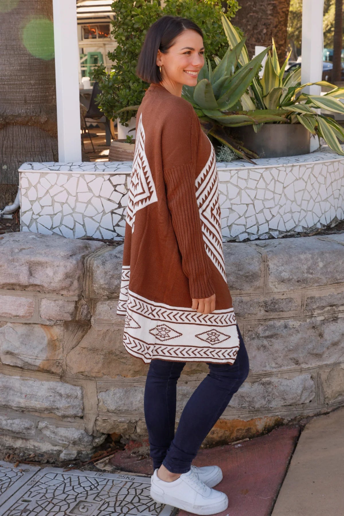 Chocolate & White Wool Blend Knit Cardigan – Women's Long Cardigan