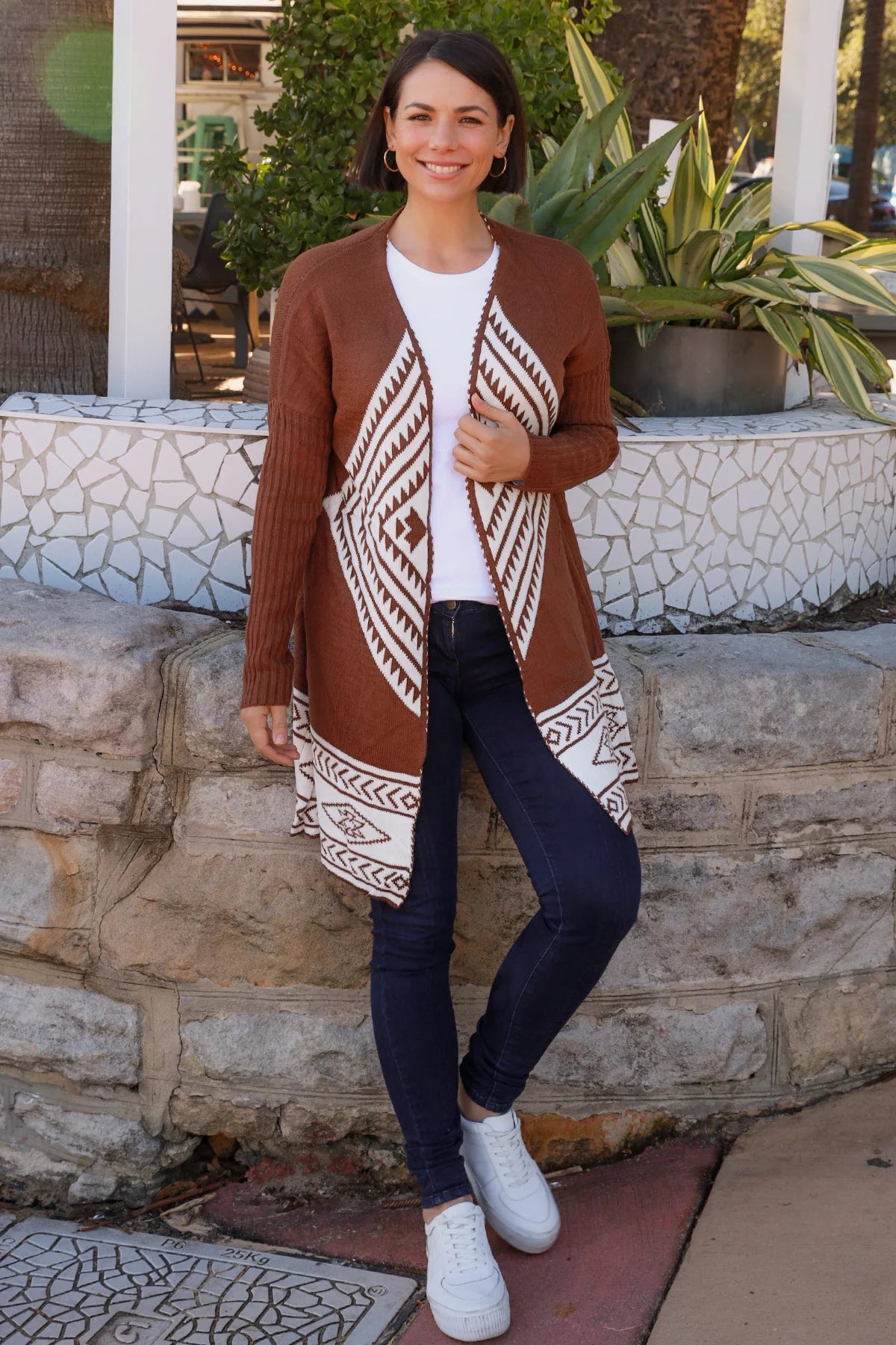 Chocolate & White Wool Blend Knit Cardigan – Women's Long Cardigan