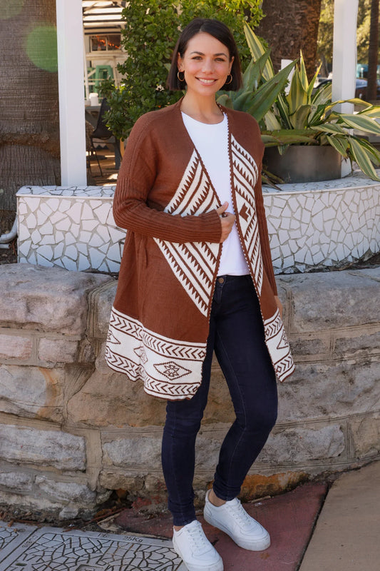 Chocolate & White Wool Blend Knit Cardigan – Women's Long Cardigan