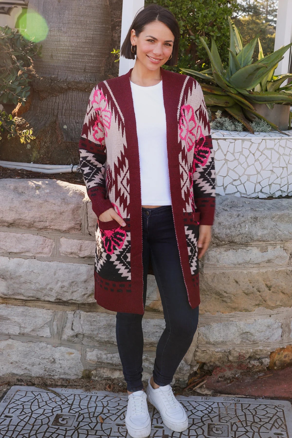 Burgundy Pattern Long Wool Blend Cardigan – Women's Long Cardigan