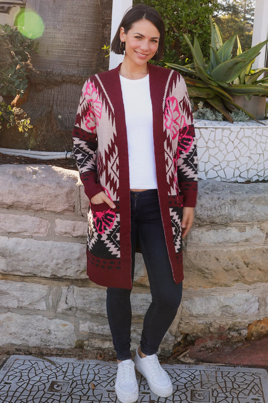 Burgundy Pattern Long Wool Blend Cardigan – Women's Long Cardigan