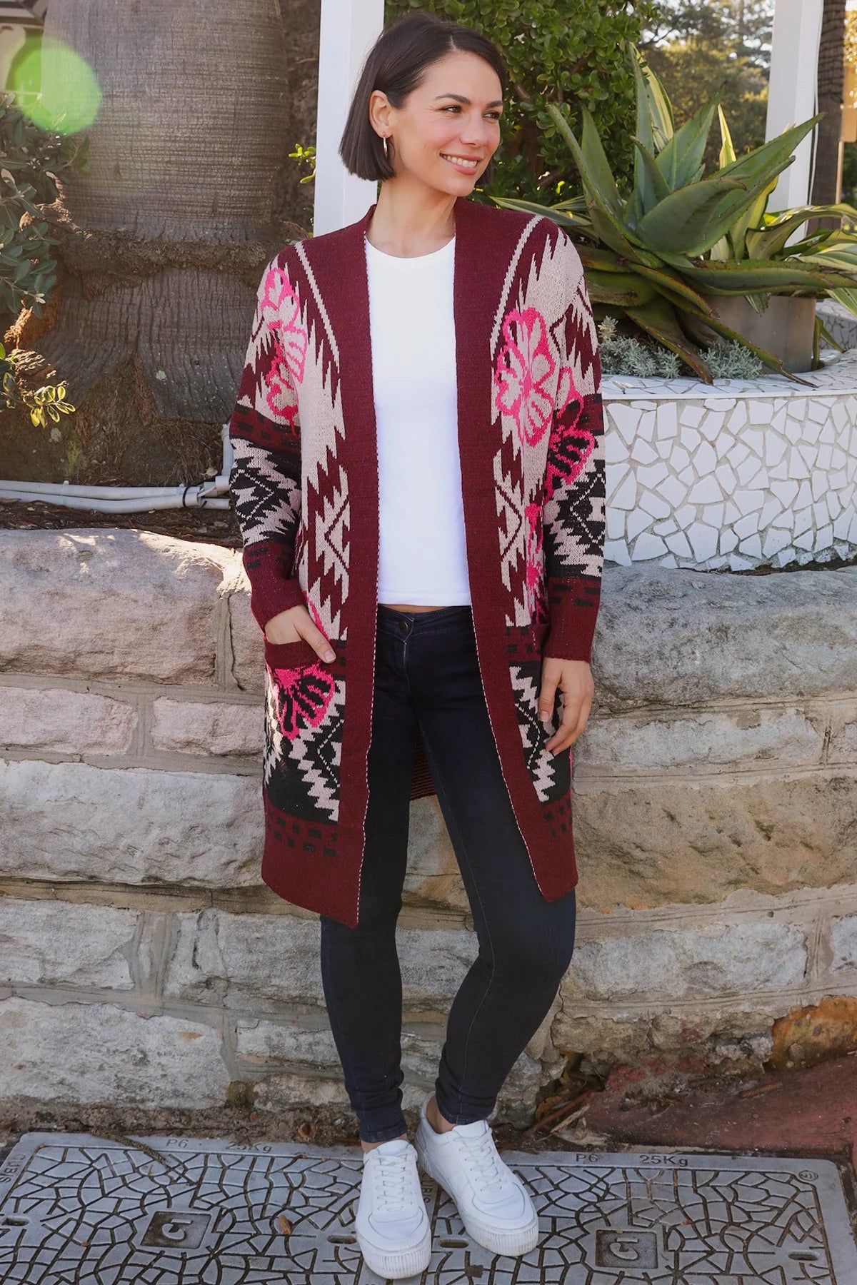 Burgundy Pattern Long Wool Blend Cardigan – Women's Long Cardigan