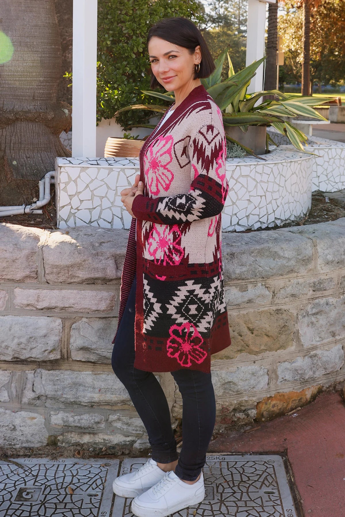 Burgundy Pattern Long Wool Blend Cardigan – Women's Long Cardigan