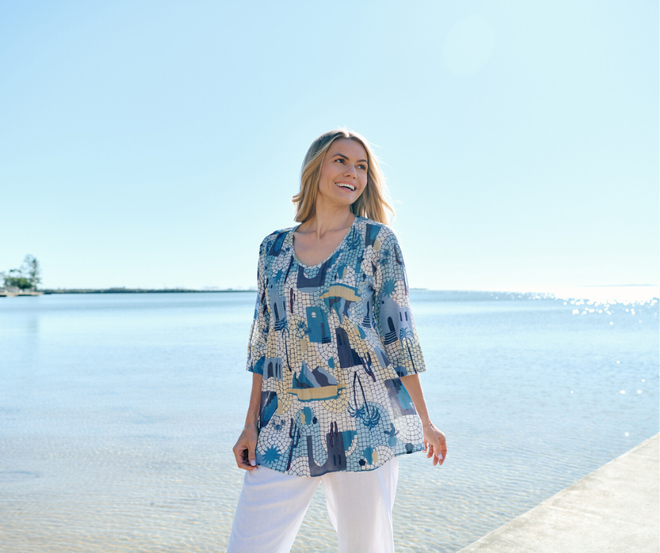 Tina V neck Pleated Top 3/4 Sleeve - Greece 3