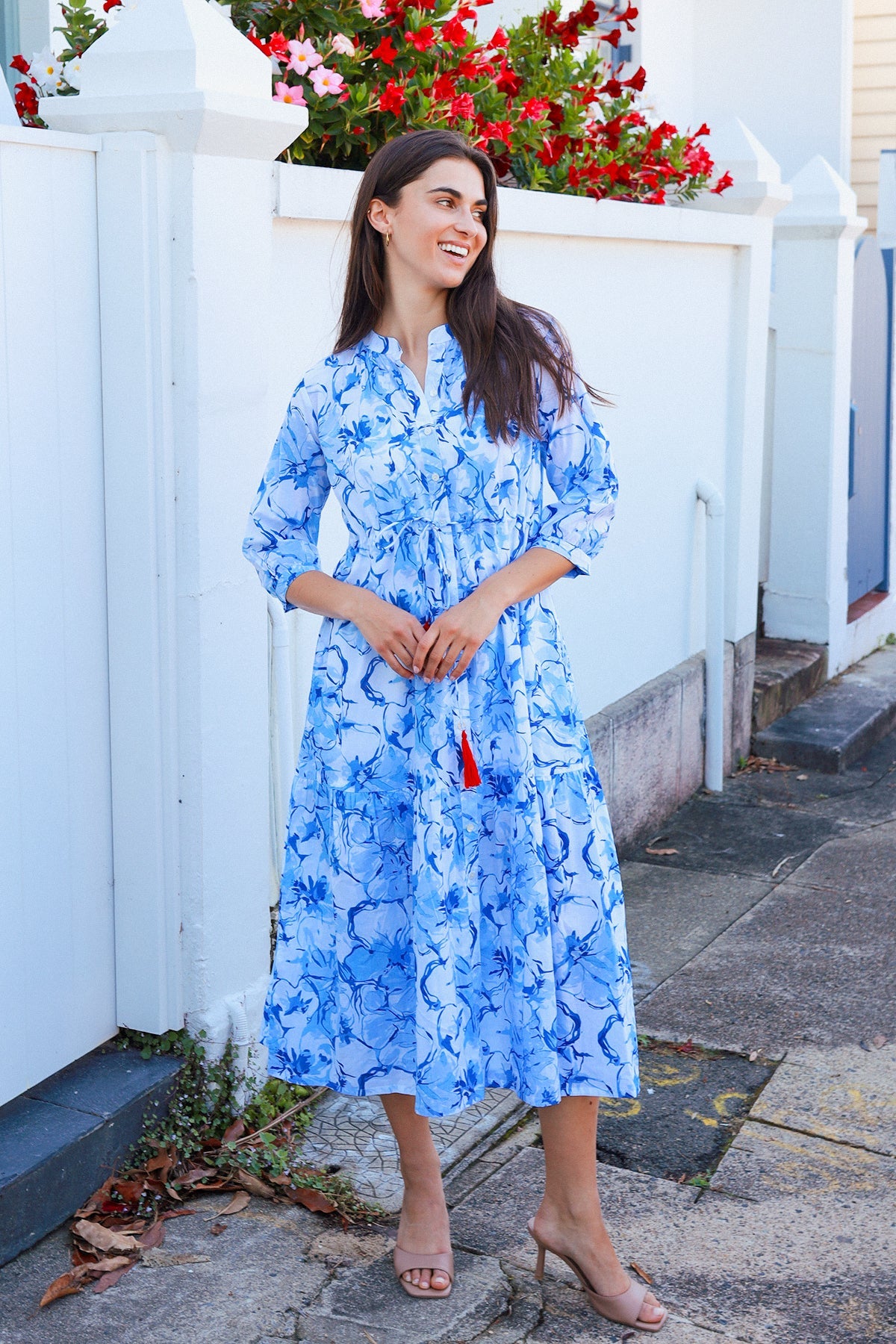 Peacock Feather Tuscany Cornelia Blue Floral Cotton Midi Dress