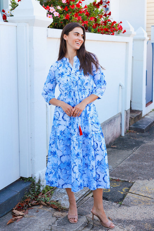 Peacock Feather Tuscany Cornelia Blue Floral Cotton Midi Dress