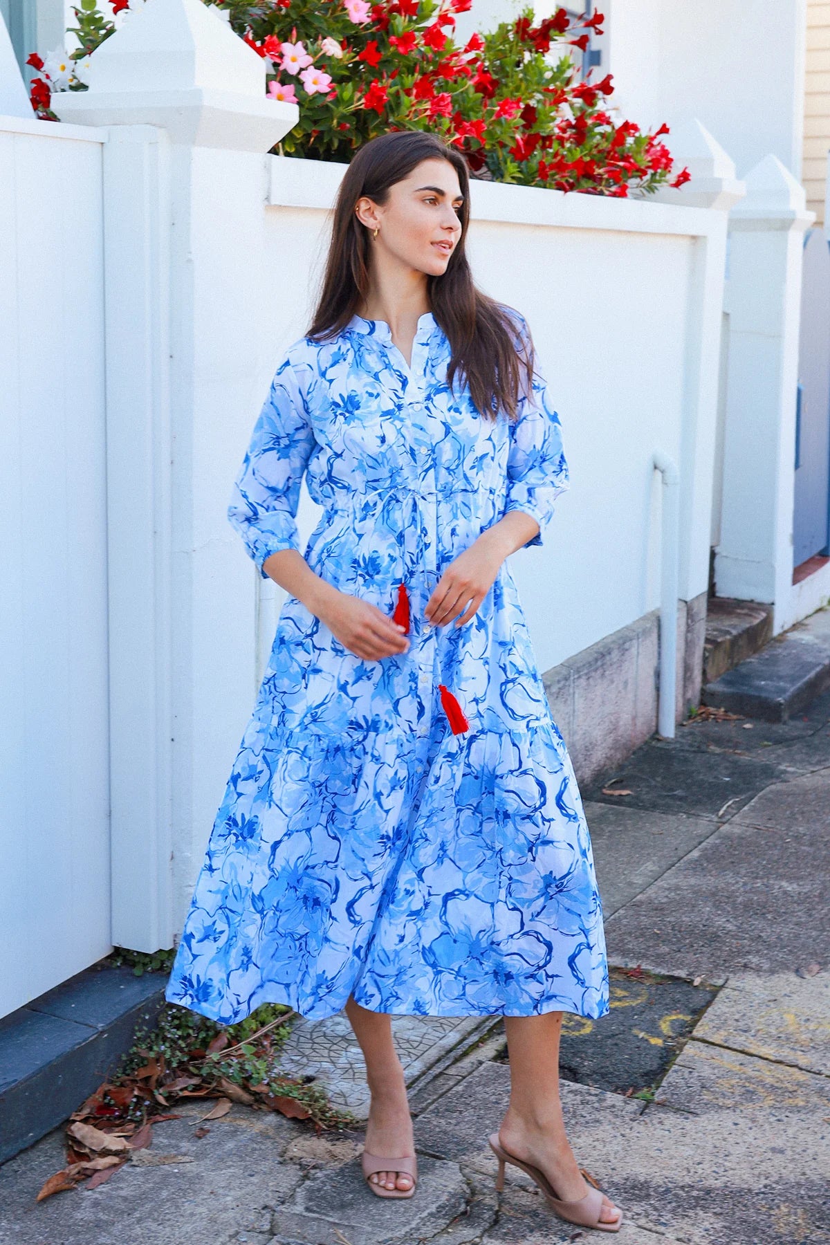 Peacock Feather Tuscany Cornelia Blue Floral Cotton Midi Dress