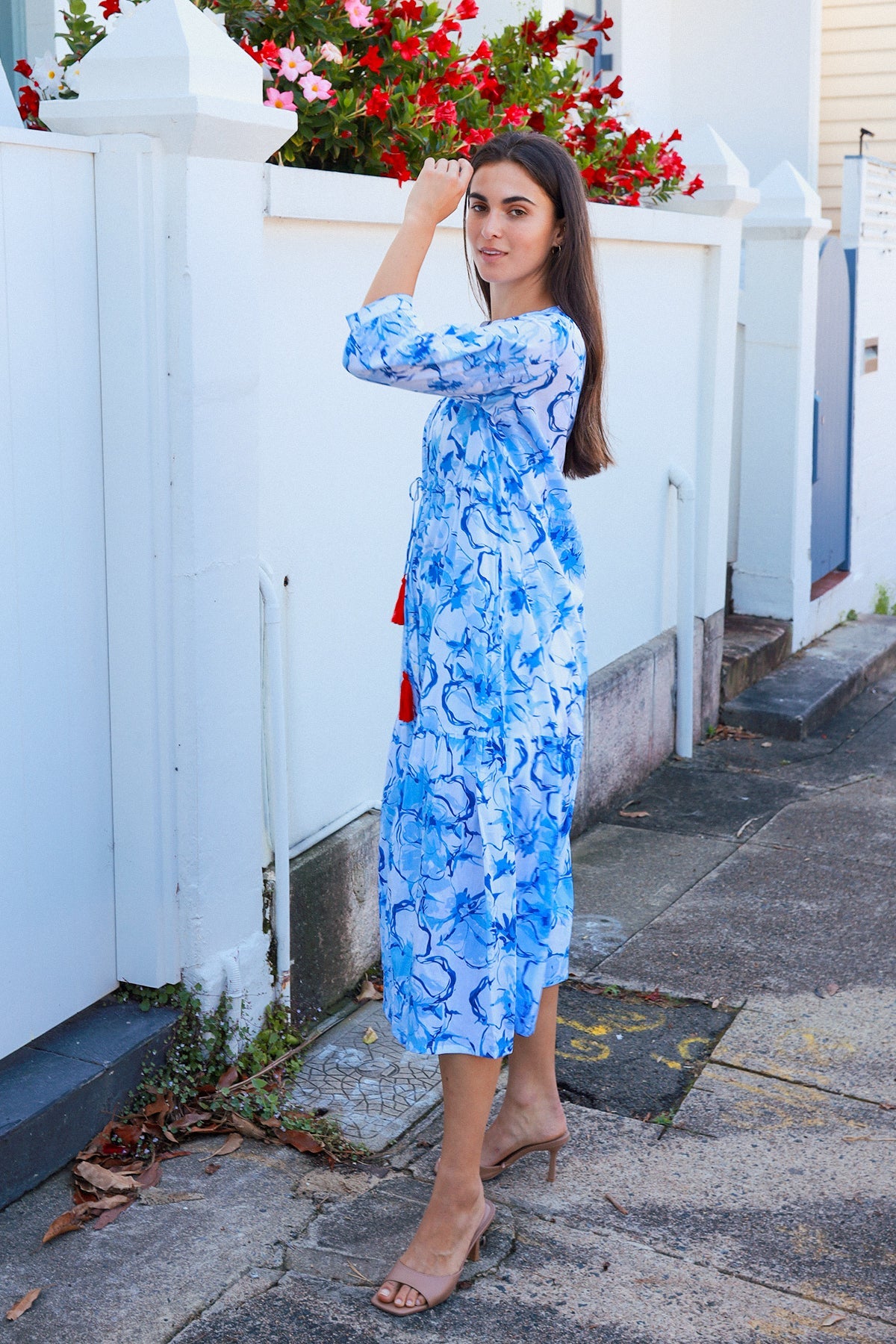 Peacock Feather Tuscany Cornelia Blue Floral Cotton Midi Dress