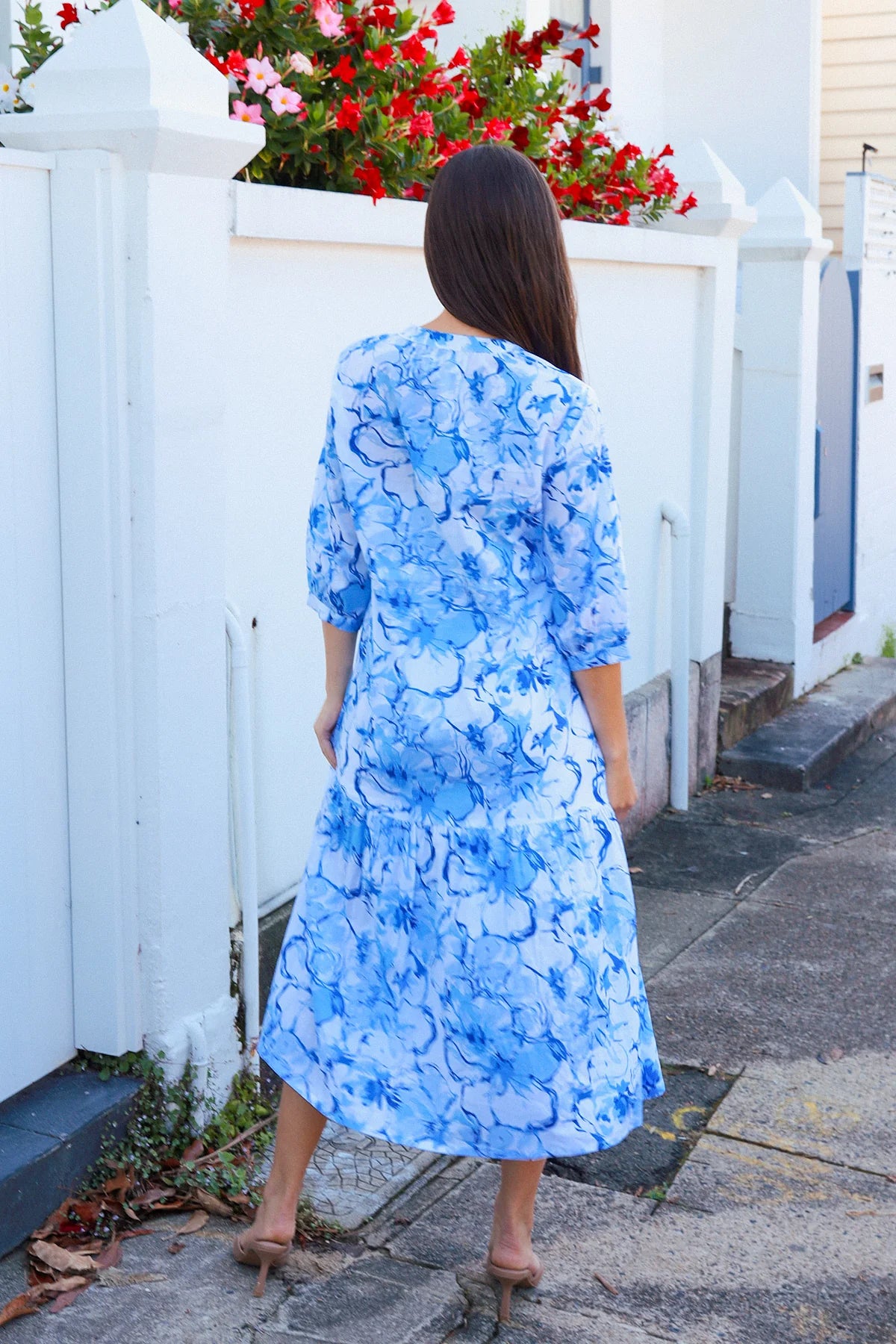 Peacock Feather Tuscany Cornelia Blue Floral Cotton Midi Dress