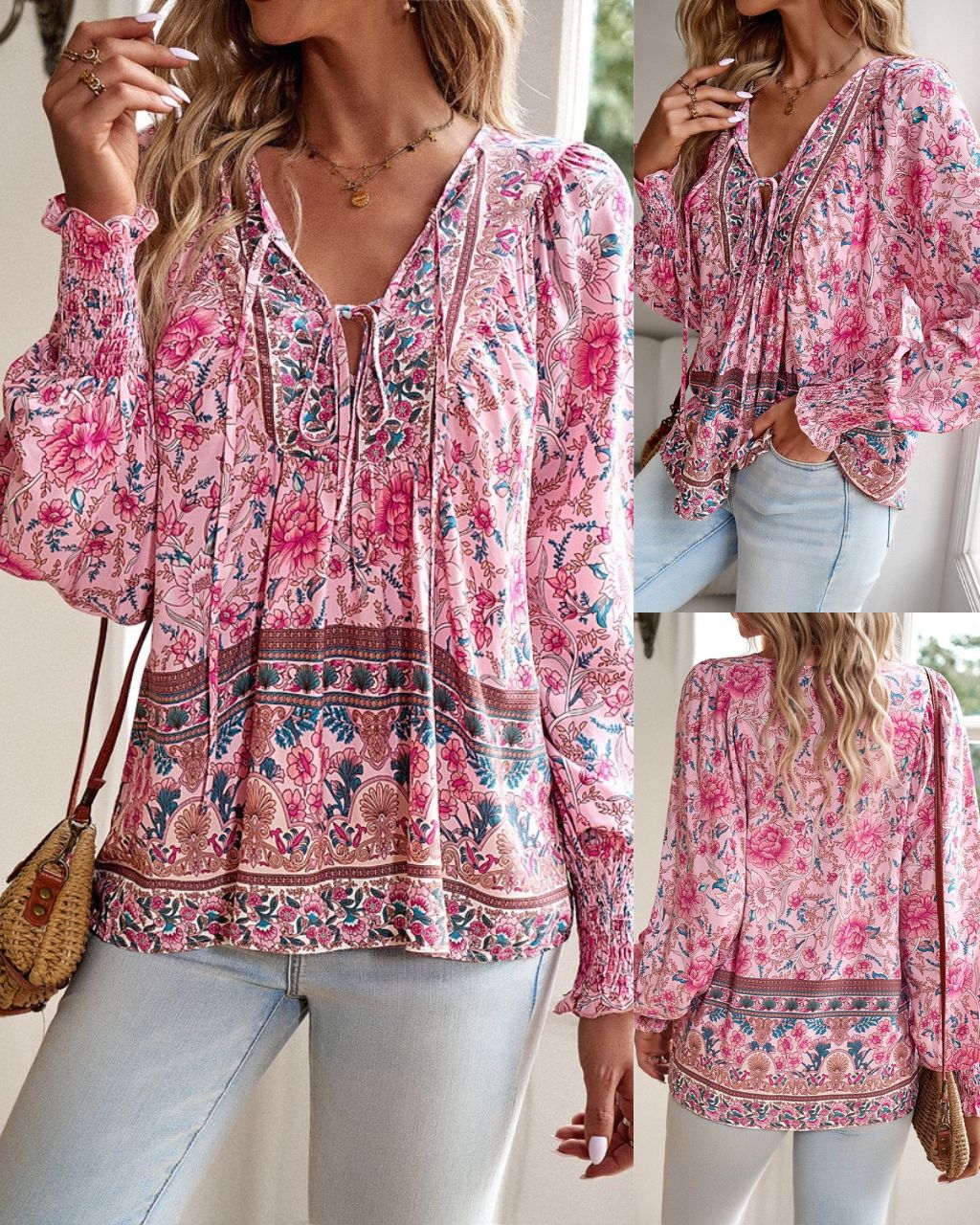Tie Neck Long Sleeves Boho Top PINK