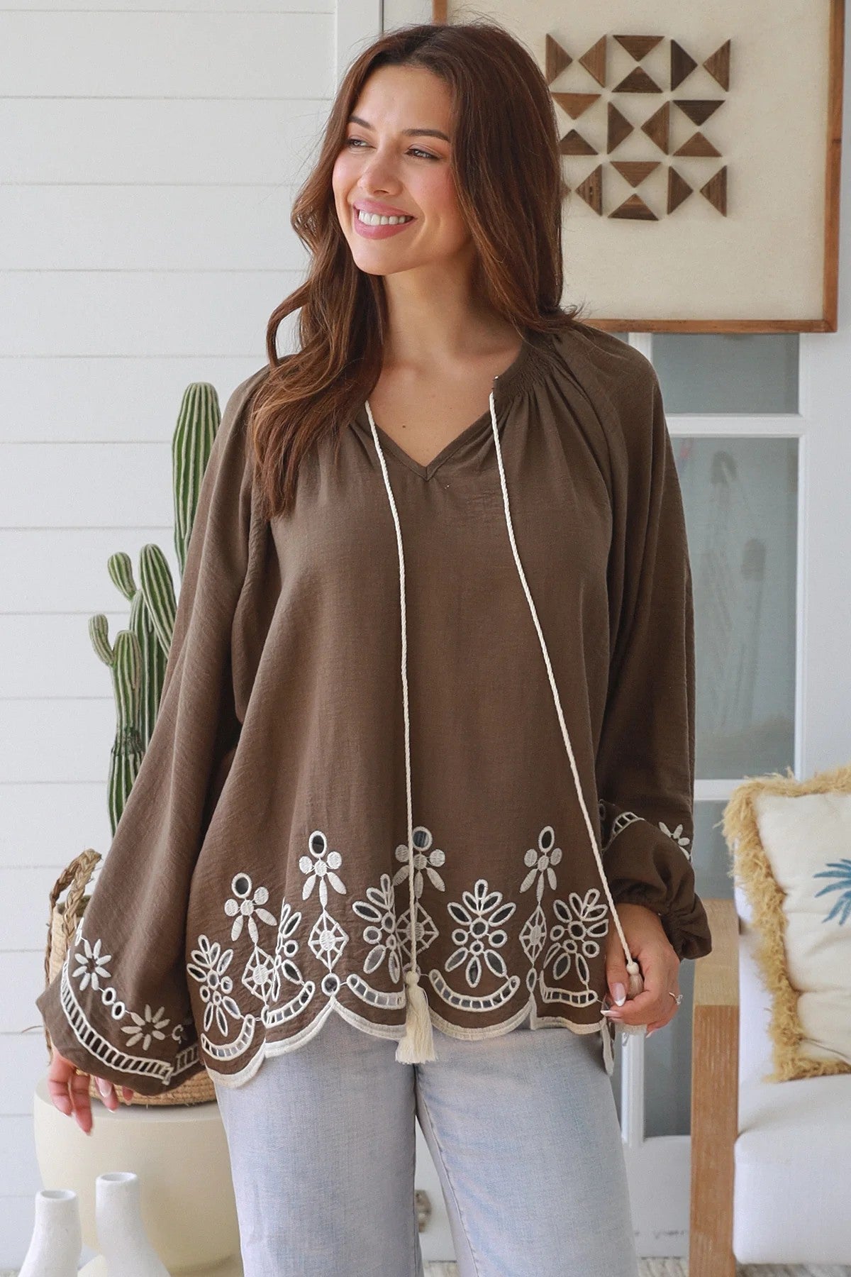 Women’s Boho Embroidered Blouse | Cotton Linen Tassel Top| Chocolate