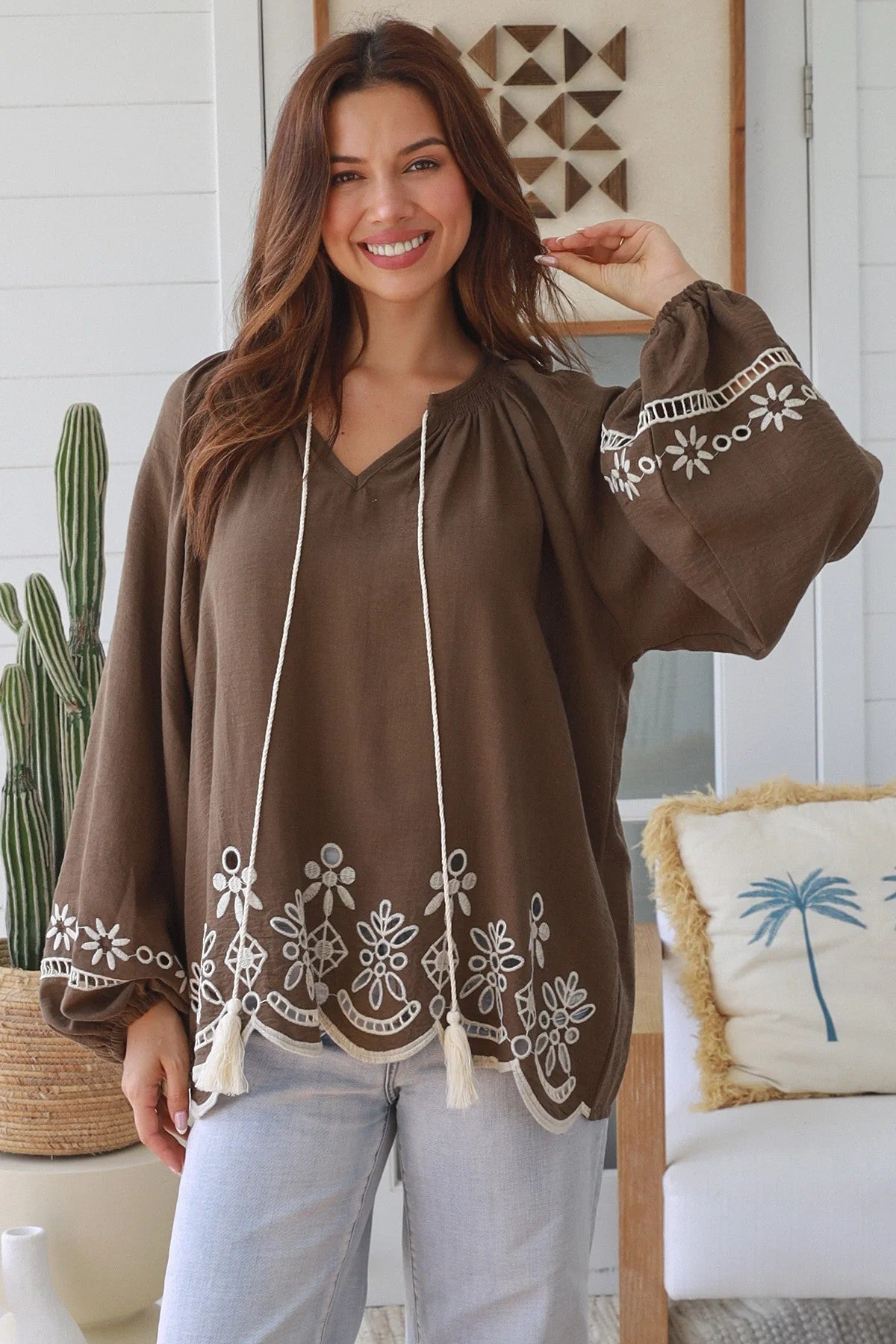 Women’s Boho Embroidered Blouse | Cotton Linen Tassel Top| Chocolate