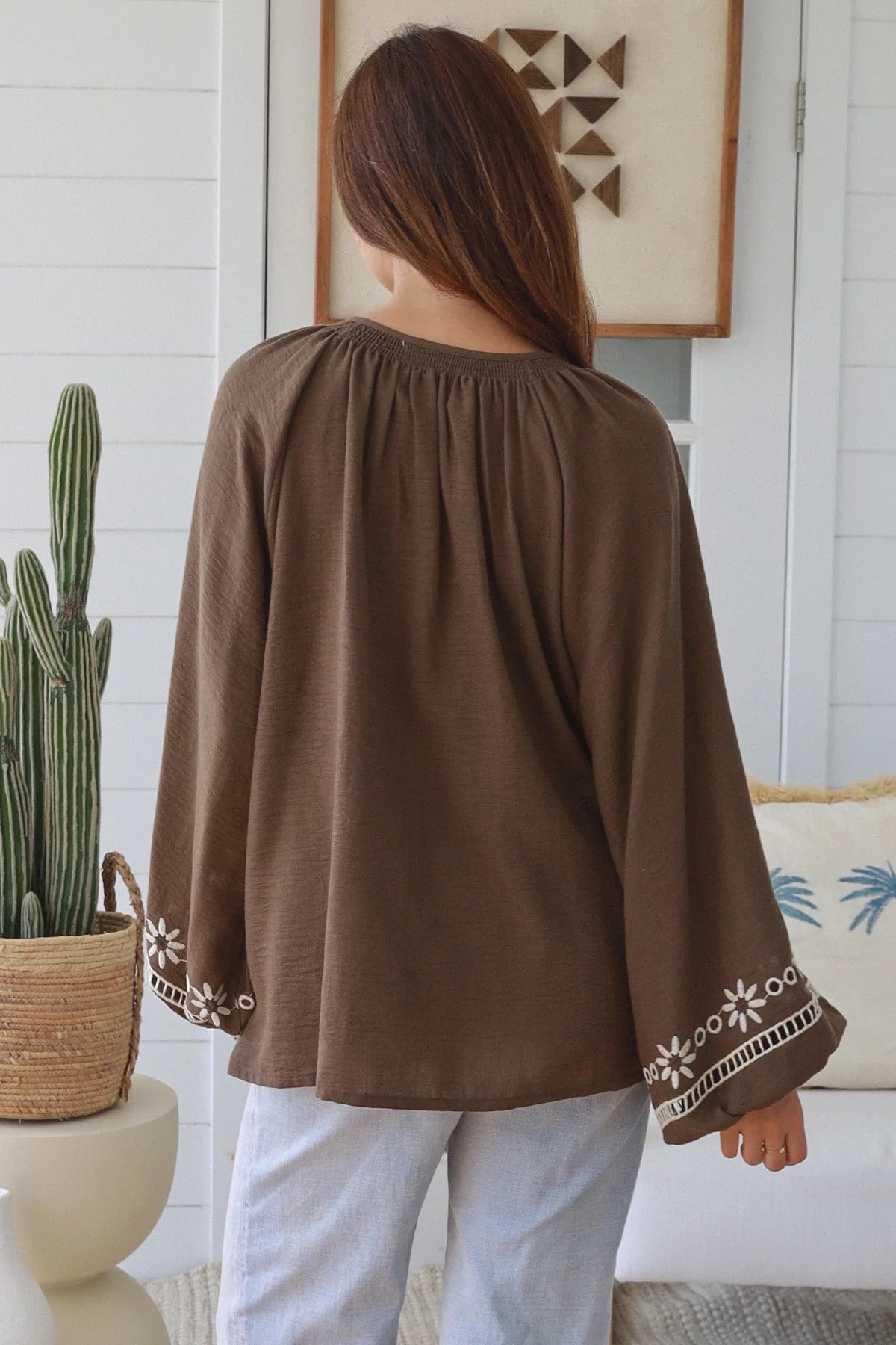 Women’s Boho Embroidered Blouse | Cotton Linen Tassel Top| Chocolate