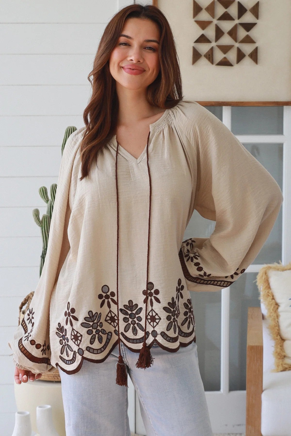 Women’s Boho Embroidered Blouse | Cotton Linen Tassel Top | Coffee