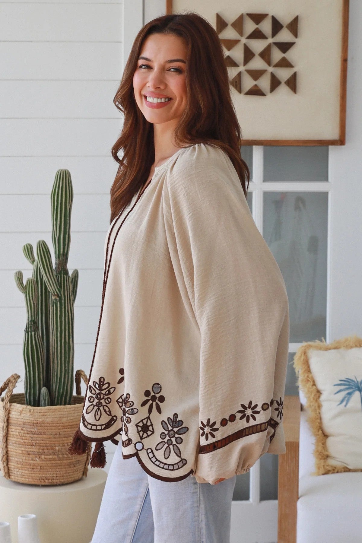 Women’s Boho Embroidered Blouse | Cotton Linen Tassel Top | Coffee