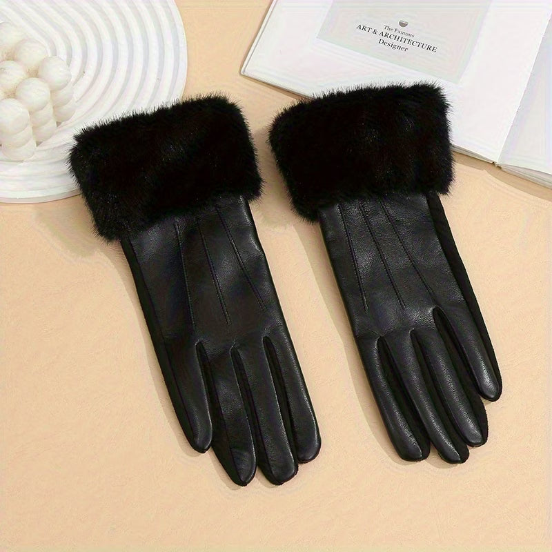 Faux Leather Gloves with Faux Fur Trim