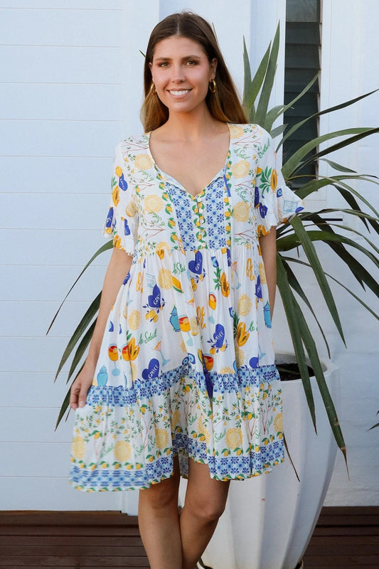 Abby Mediterranean Print Rayon Mini Dress