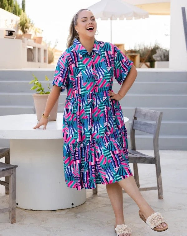 Amelia Kaleido Print Cotton Midi Dress | Women's Colourful Summer Dress