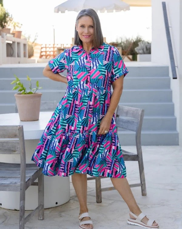 Amelia Kaleido Print Cotton Midi Dress | Women's Colourful Summer Dress