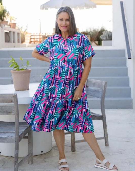 Amelia Kaleido Print Cotton Midi Dress | Women's Colourful Summer Dress