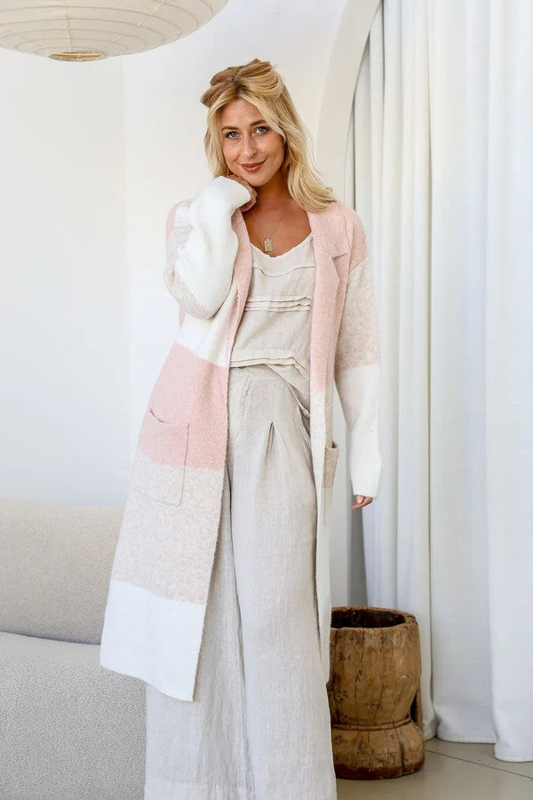 Amelia Longline Knit Cardigan – Natural & Camel