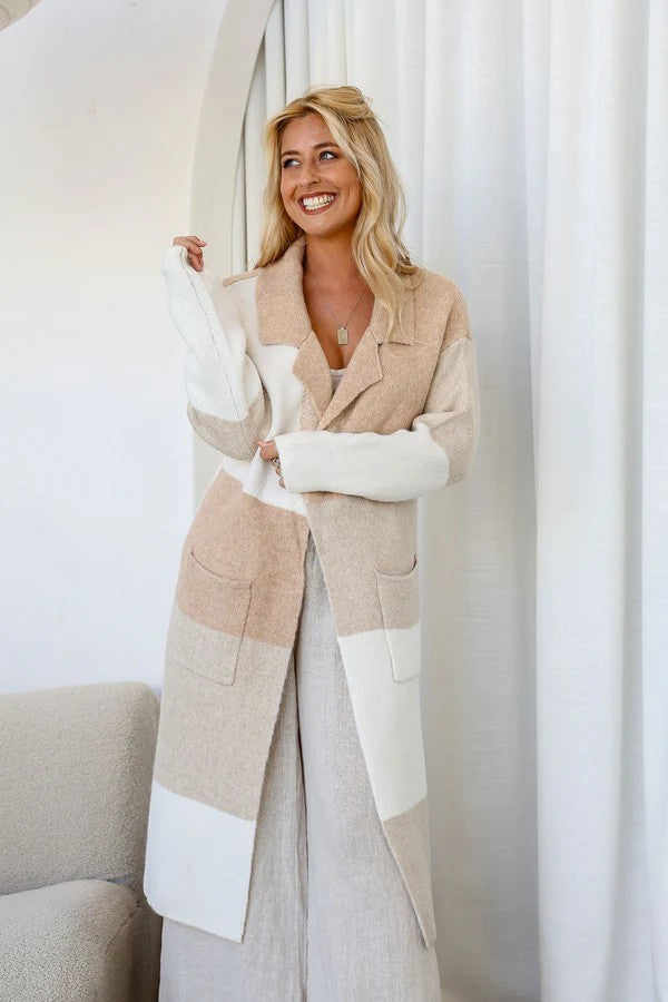 Amelia Longline Knit Cardigan – Natural & Camel