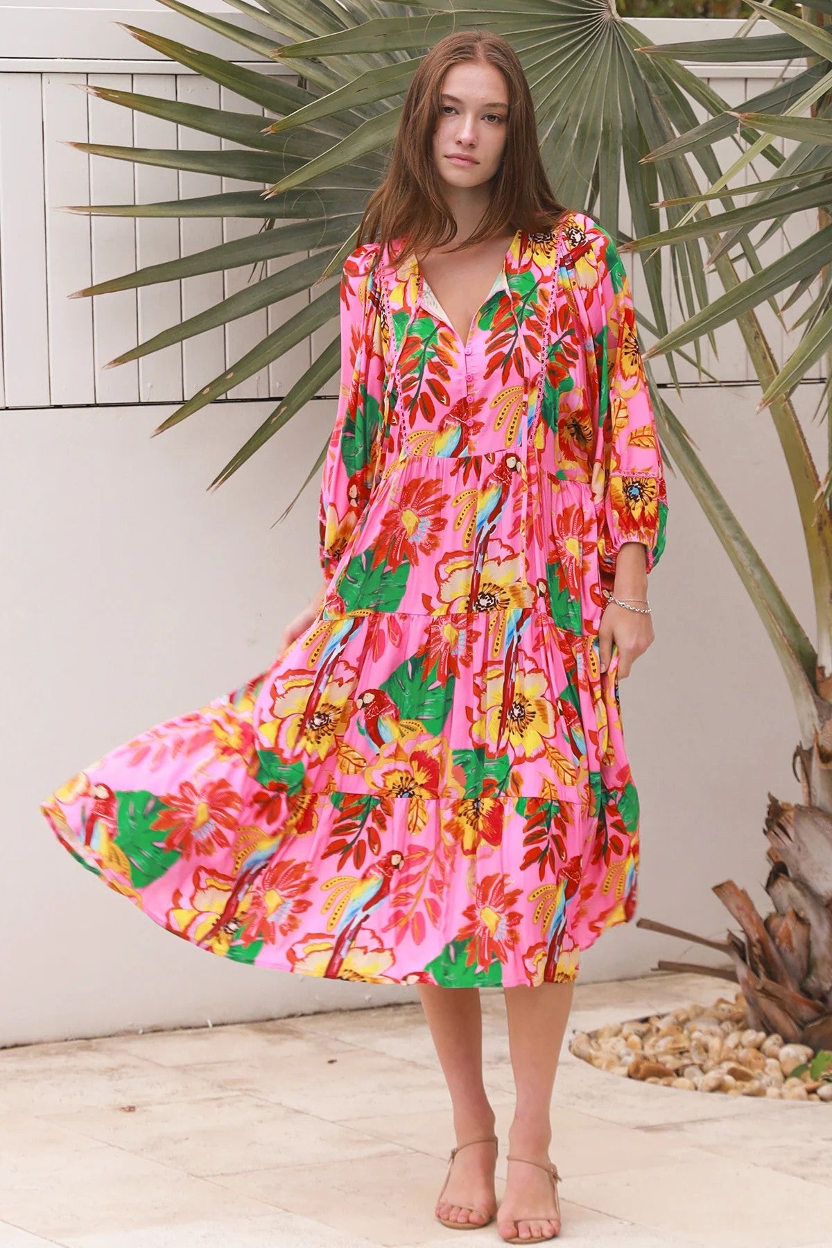 Bailey Tropical Floral Midi Dress – Pink | 100% Rayon | DreamCatcher