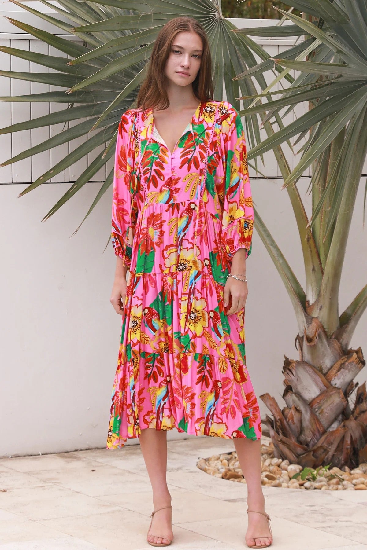 Bailey Tropical Floral Midi Dress – Pink | 100% Rayon | DreamCatcher