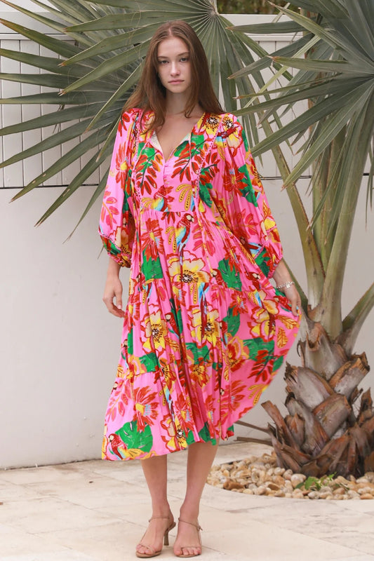 Bailey Tropical Floral Midi Dress – Pink | 100% Rayon | DreamCatcher