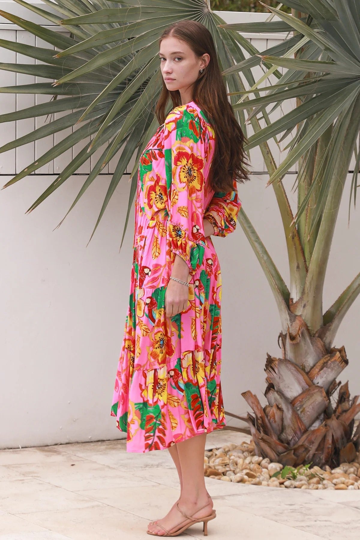 Bailey Tropical Floral Midi Dress – Pink | 100% Rayon | DreamCatcher