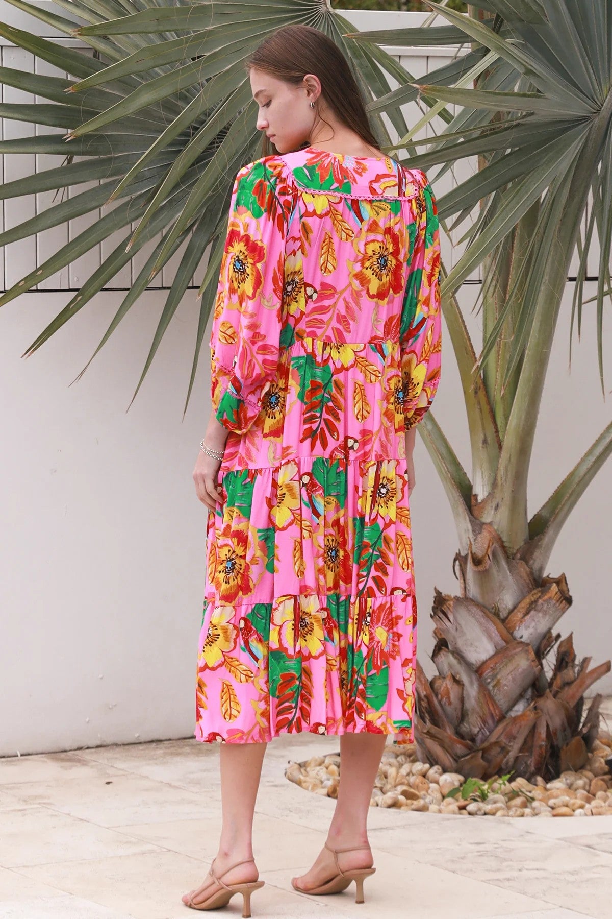 Bailey Tropical Floral Midi Dress – Pink | 100% Rayon | DreamCatcher