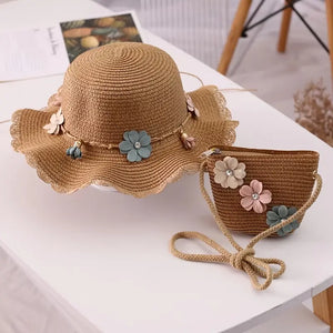 Beach Sun Hat & Zipper Straw Bag Set
