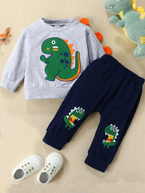 Cute Cartoon Dinosaur Print Sweatshirt & Sweatpants Set
