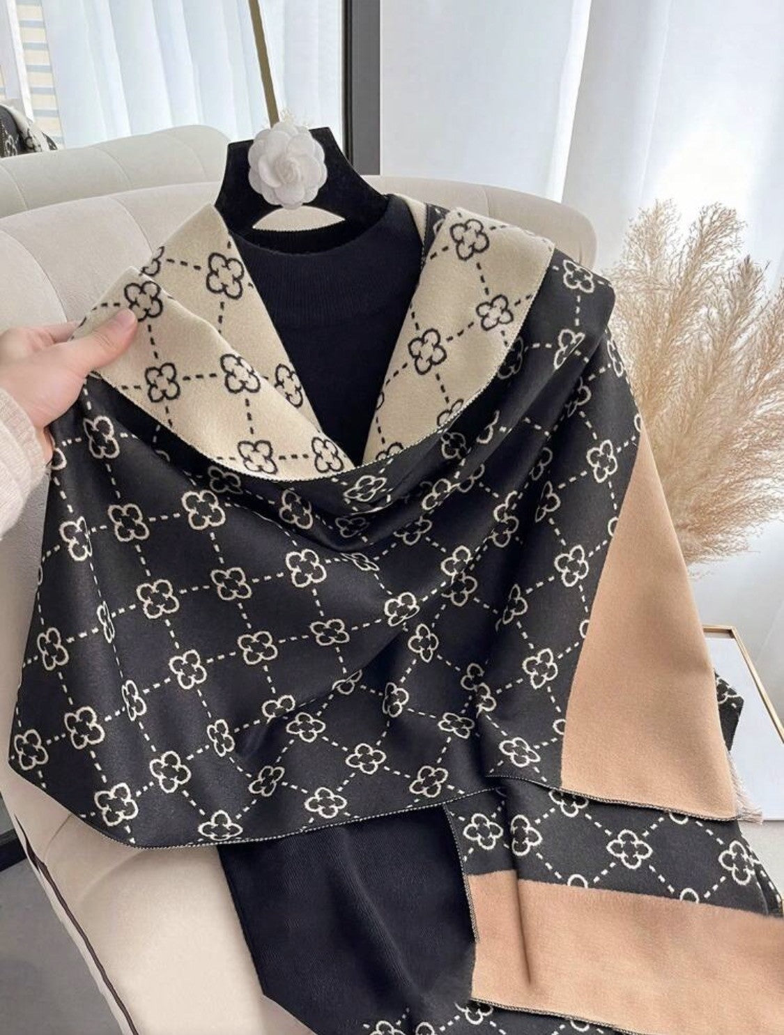 Faux Cashmere Reversible Scarf | Women’s Beige & Mocha Soft Winter Wrap