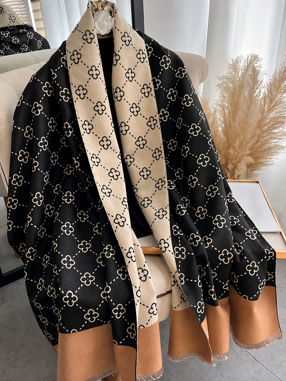Faux Cashmere Reversible Scarf | Women’s Beige & Mocha Soft Winter Wrap