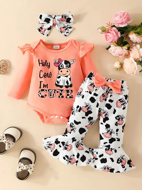 Cute Cow Graphic Baby Girls 3pcs Outfit