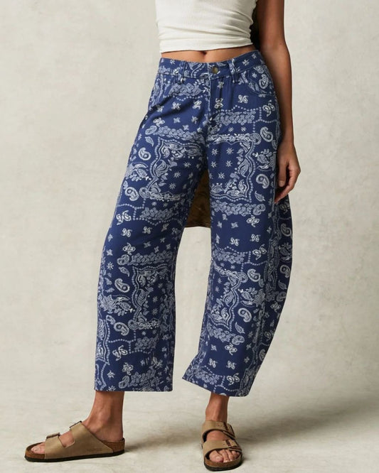 Indigo Paisley Barrel Leg Jeans